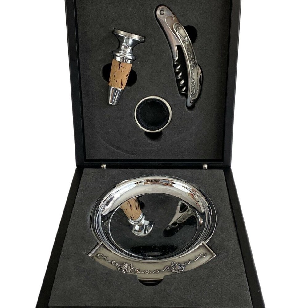 VTG 90s Grapevine Wine Accessory Set 4pc Corkscrew Stopper Drip Ring Coaster Box